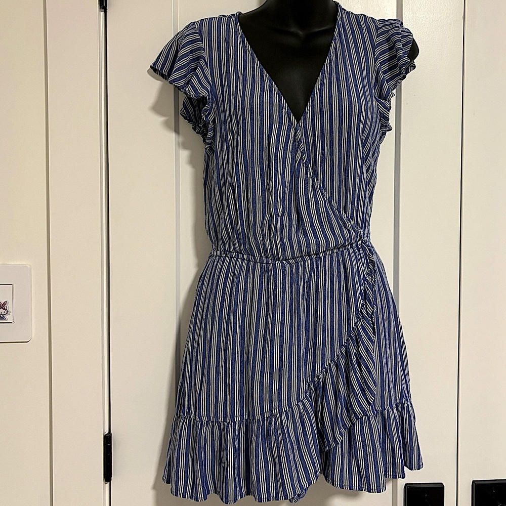Blue Striped Wrap-Style Women's Dress
